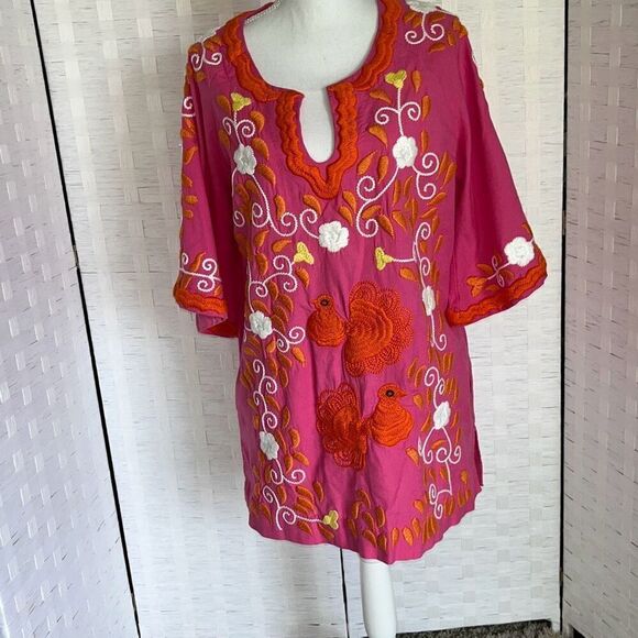 Beautiful FRANCES VALENTINE PINK & ORANGEPeacock Caftan With Pockets Size 8